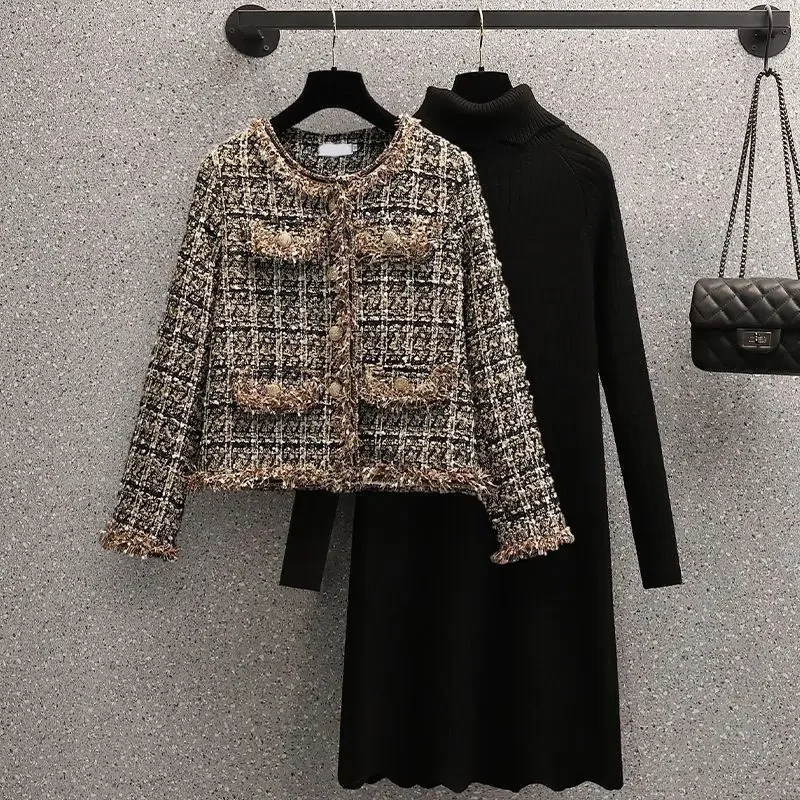 Plus Size Women's Spring Suit 2024 New Tweed Style Cardigan Jacket Slimming Knit Dress 2-Piece Set Clothing For Women