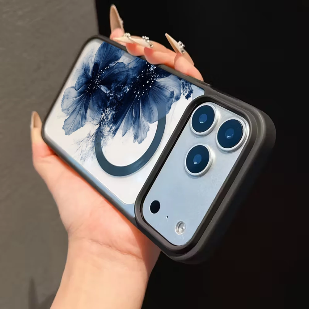 Tintenblaue Blumen-Transparenthülle für Magsafe iPhone 11 15 16 Pro Max 17 14 11 13 12 Pro Max Plus Hülle Magnetisches Kabelloses Laden Coque – Detail 8