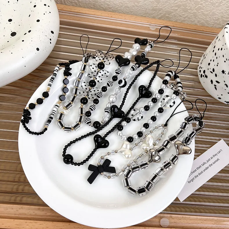 Black Beaded Mobile Phone Charm Ins Stringed Pearls Love Phone Lanyard Short Carrying Strap Drop-Resistant Phone Ornaments