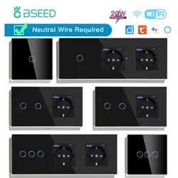 BSEED WIF Light Switches 1/2/3Gang 1/2/3Way Smart Wall Touch Switches Tuya APP Glass 20W Phone Fast Charge USB Normal EU Socket
