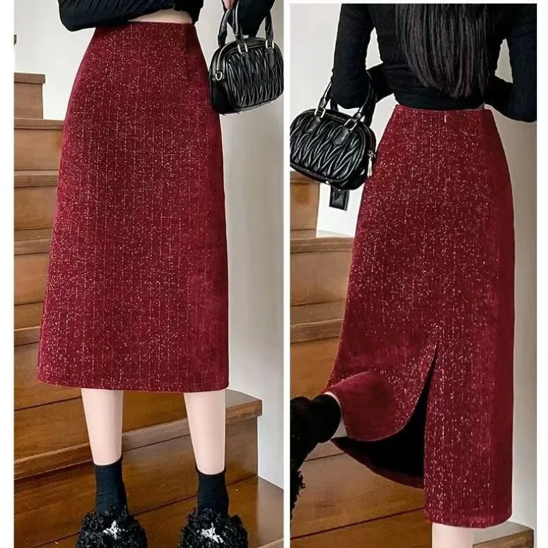 Shiny Sparkle Long Skirt Women Luxury Party Dresses Red Black Half-body Dress Slim Office Ladies Skirts Clothing Trends A-line