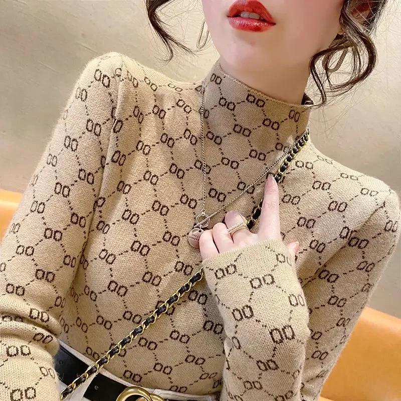 

Luxury Autumn Winter Women Golf Wear Sweater Vintage Knit Pullover Slim Y2k Clothes Trend Turtlenecks Tops Long Sleeves Knitwear