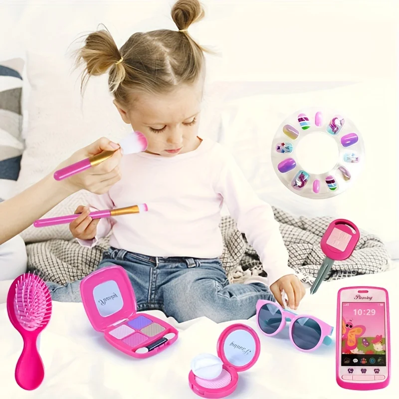 Stellen Sie sich vor, Make-up-Set für Mädchen mit Kosmetiktasche, Spielzeug-Make-up-Spielhaus – Handy-Reiseset, Nagelschönheitsset, Lippenstift, lustiges Spiel