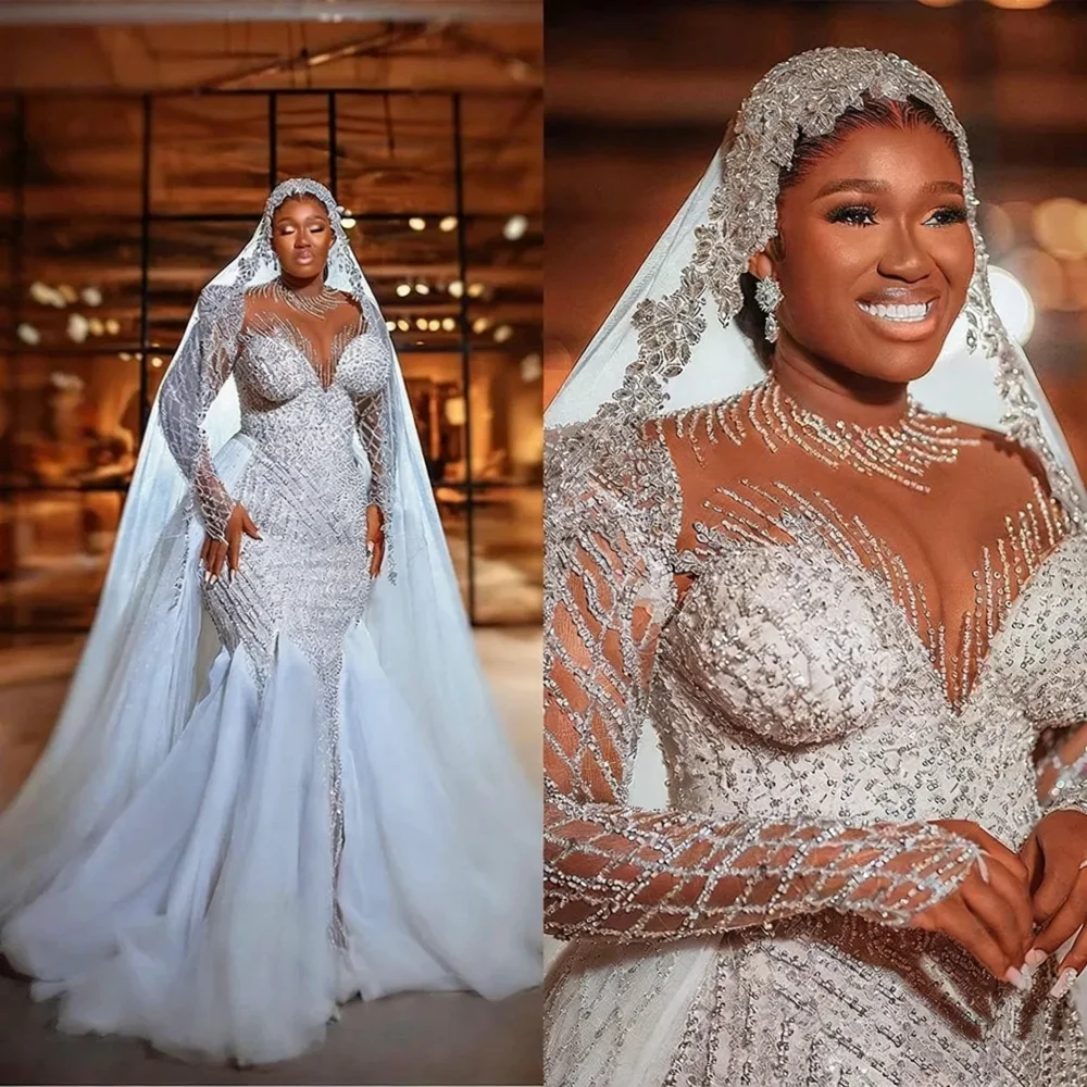 

Customized African Luxury Mermaid Wedding Dress Long Sleeve Transparent Collar Beaded Bridal Ball Dress Detachable Tail