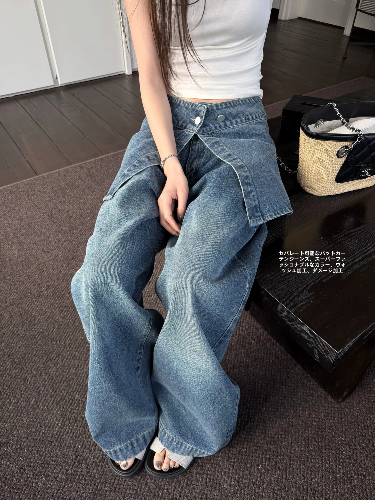 

Ice Blue Detachable Wide Leg Jeans Low Waist Waed Women's Spring Summer Faionable Commute Sle Cotton Non-Stretch
