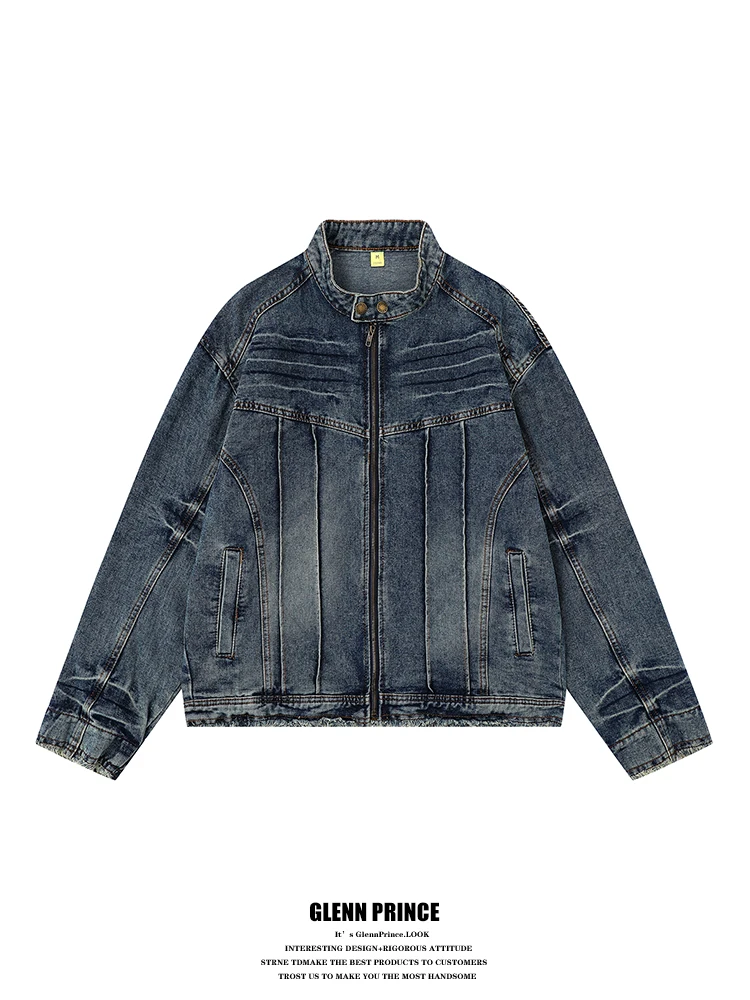 

Waed Vintage American Sle Men's Denim Jaet Spring Autumn Stand Collar Long Sve Cotton Polyester Blend Resistant Wind