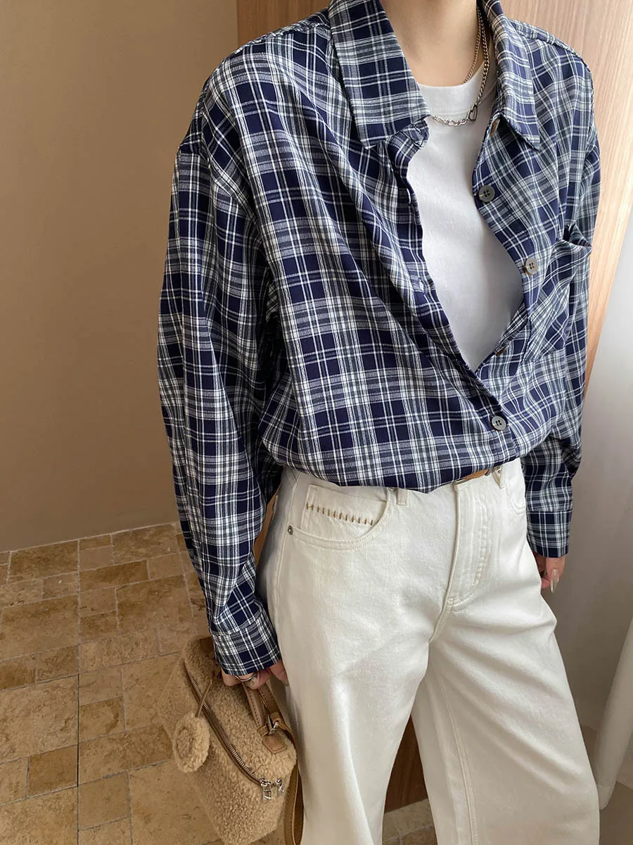 

Early autumn new American style vintage contrasting plaid design, loose and slimming long sleeved shirt
