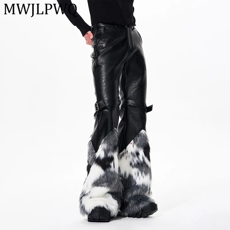 

MWJLPWQ Fur Patchwork Flared For Men Leather Pants Buckle Design Men's Textrue Niche Trendy Slim Trousers Spring Winter 13902