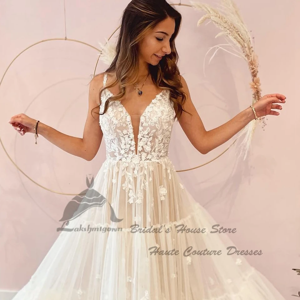 Lakshmigown clássico nupcial boho vestido de casamento praia 2022 vestido sposa babados tule sexy a linha vestidos de casamento v pescoço