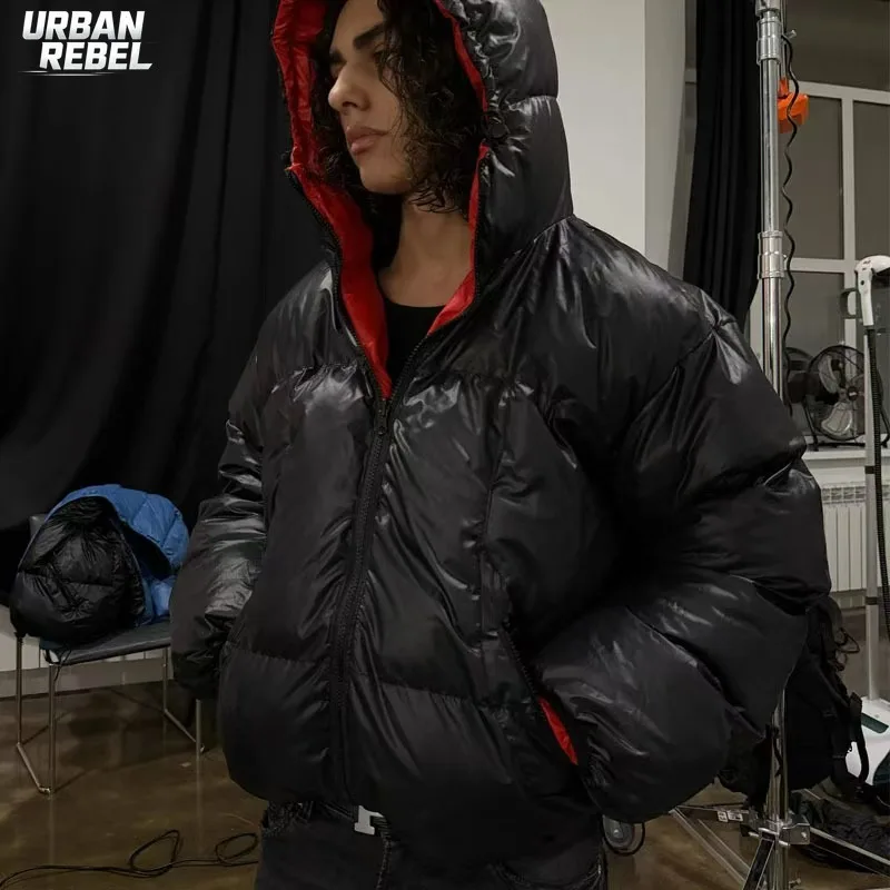 Men Winter Warm Puffer Parkas Back Print Hooded Down Oversized Windproof Coat Couple Bubble Coat Black White Y2k Outwear Jacket