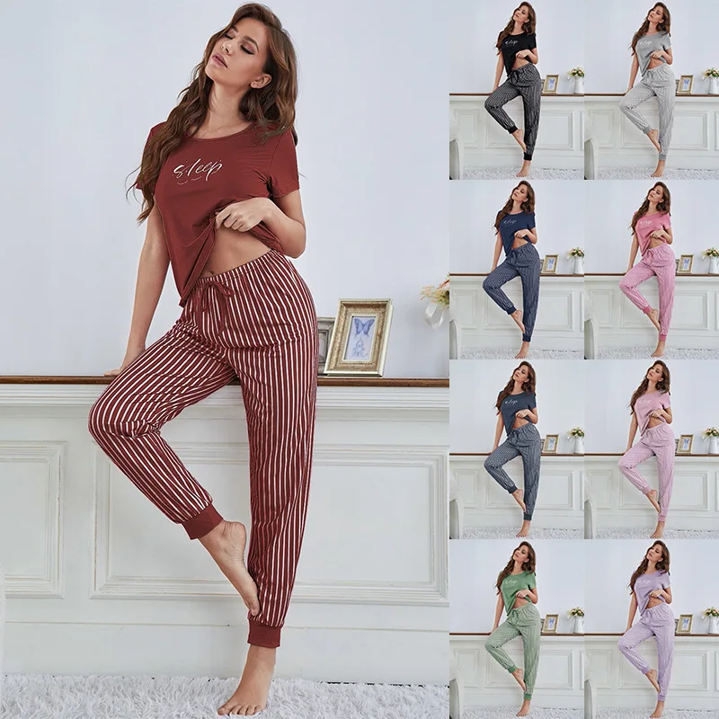 Short Sleeve Women Pajama White Striped Leggings Trousers Letter Print T-shirt Pajama Sets Casual Sleepwear Fashion Home Clothes