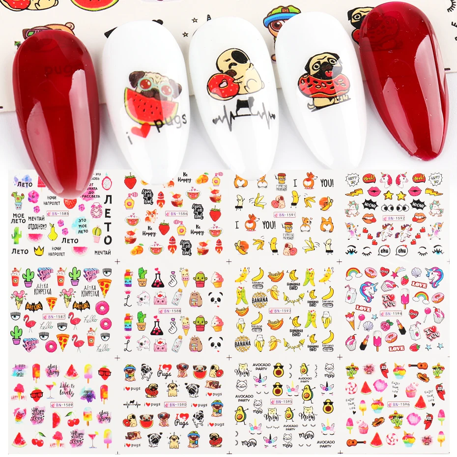 12pc Cute Cartoon Nail Art Stickers Water Decals Fruit Banana Plant Character Transfer Foil Slider Manicrue Tattoo BEBN1585-1586