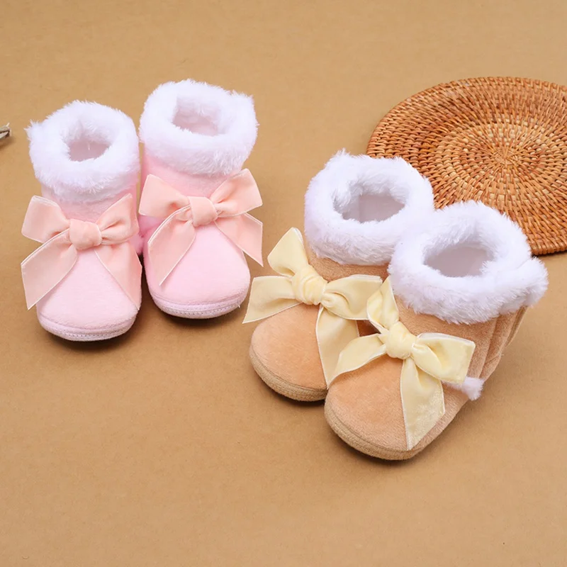 Infant Baby Boots Shoes Newborn baby Girl Shoes Bow Plus Velvet Cotton Toddler First Walkers Booties Cotton Warm Crib Shoes