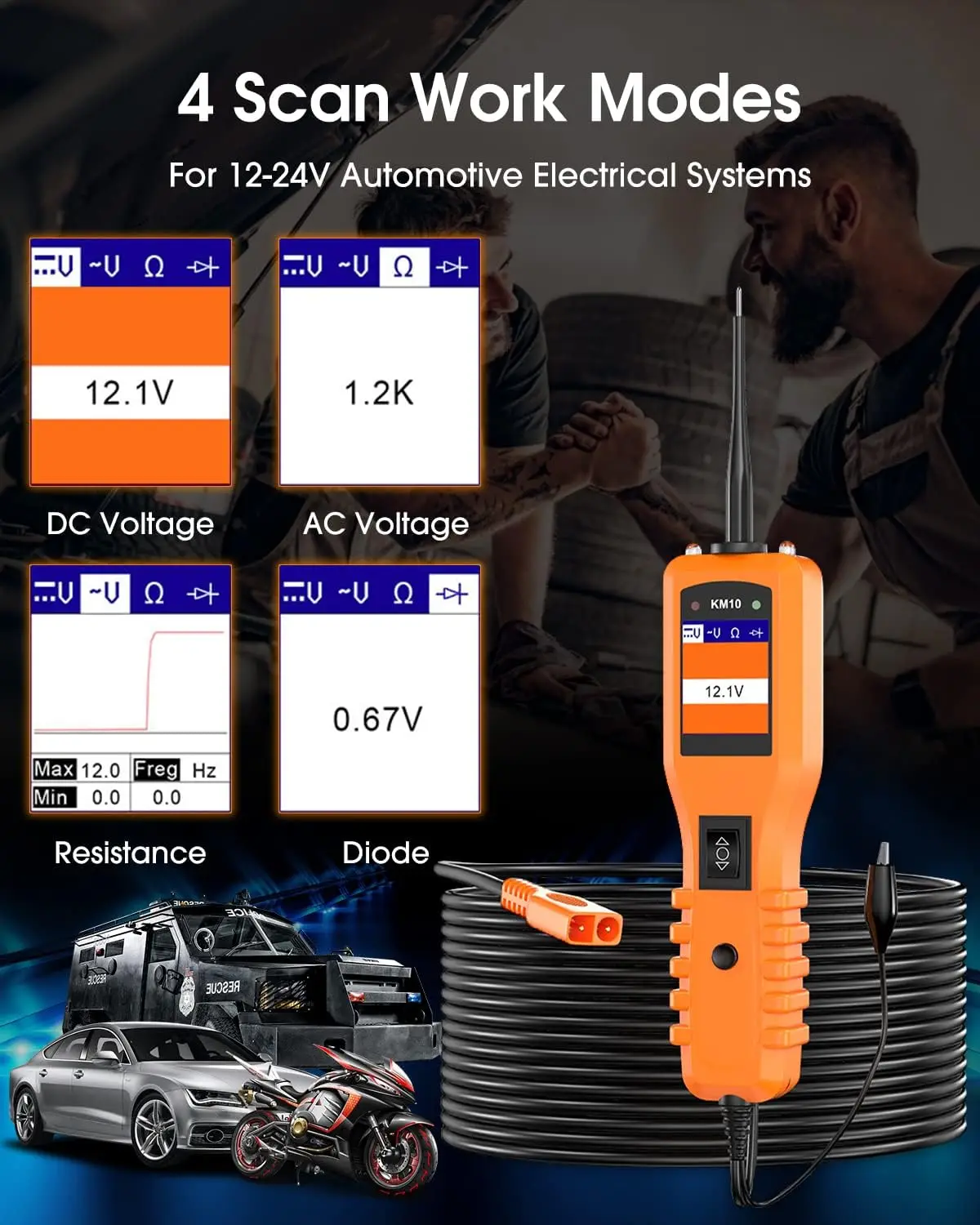 KZYEE KM10 Power Circuit Probe Kit 12V 24V Automotive Circuit Tester Electrical System Tool Digital Voltage Tester Short Finder