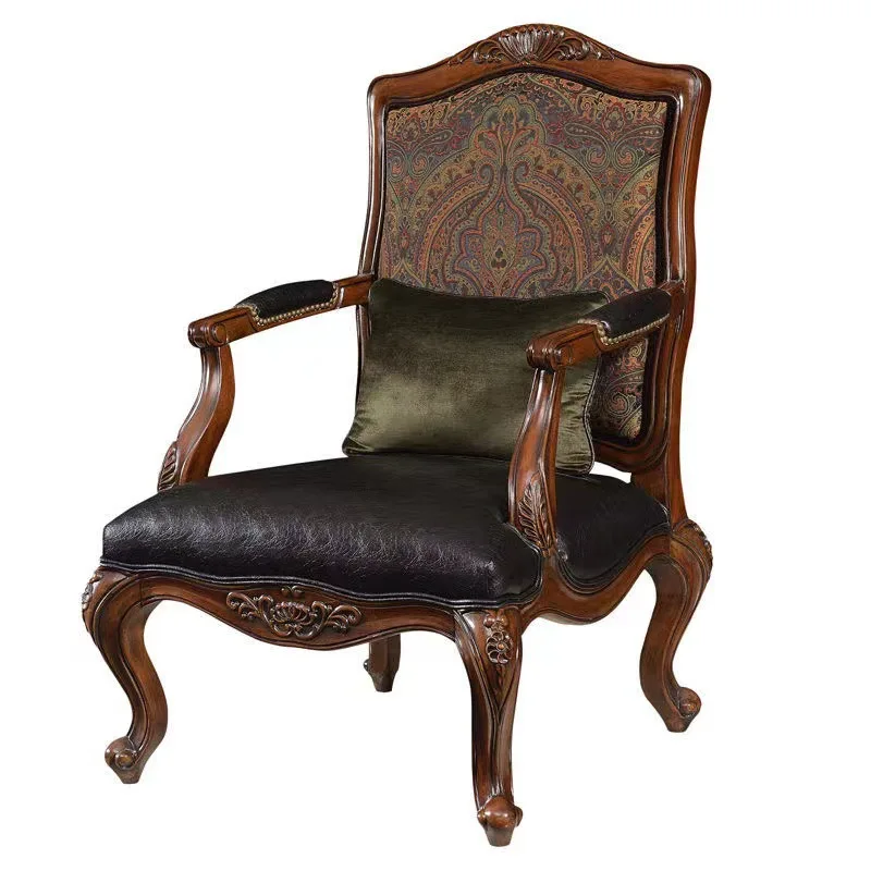 Sofa z litego drewna, sofa skórzana artystyczna, sofa trzyosobowa w stylu europejskim, rzeźbiona sofa do salonu, fotel wypoczynkowy z tkaniny.