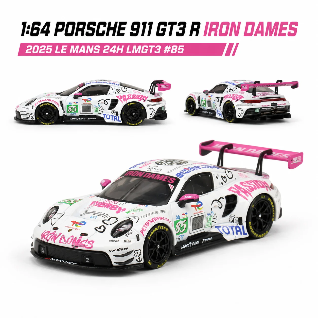 Trends Hobby 1/64 Porsche 911 GT3 R IRON DAMES #85 LMGT3 Racing Miniature Model Toy Car Free Wheels Diecast Collection Gift