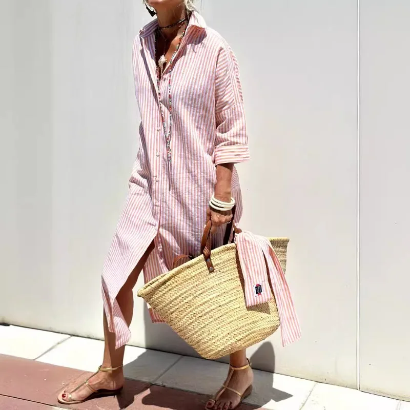Summer Women Loose Print Bohemian Dress Elegant Stripe Half Sleeve Turn Down Collar Single Breasted Lace Up Long Shirt Dress