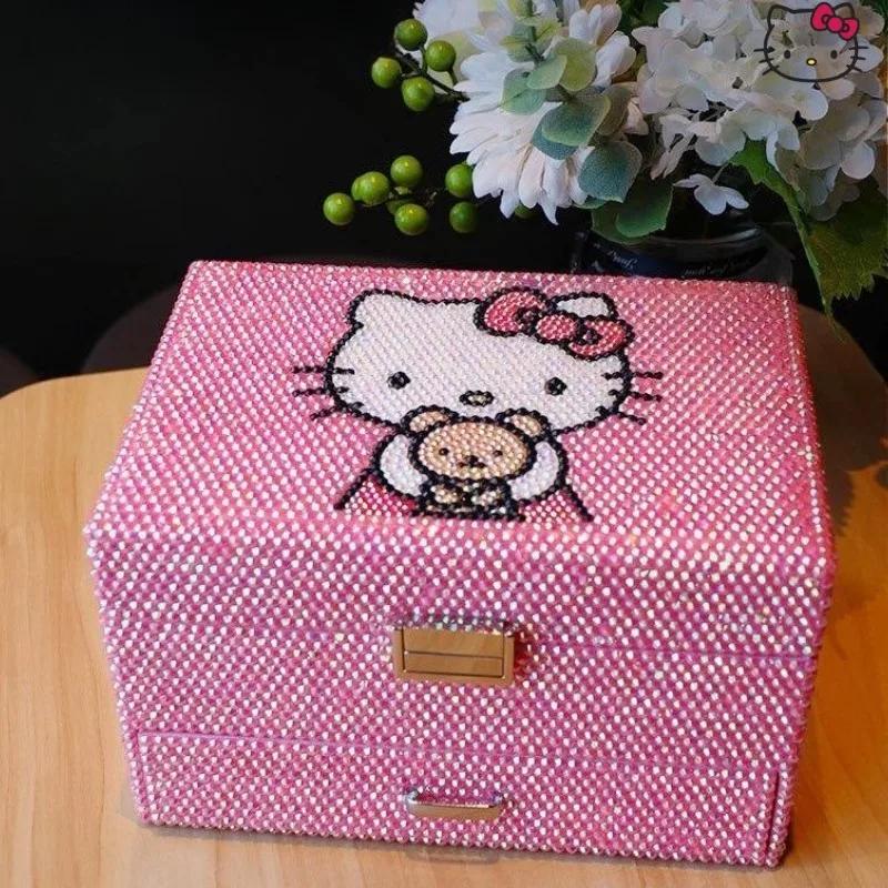 Hello Kitty Multilayer Jewelry Box Wooden Full Diamond Shiny Jewelry Box Lock Storage Box Music Box Anime Cartoon Jewelry Box