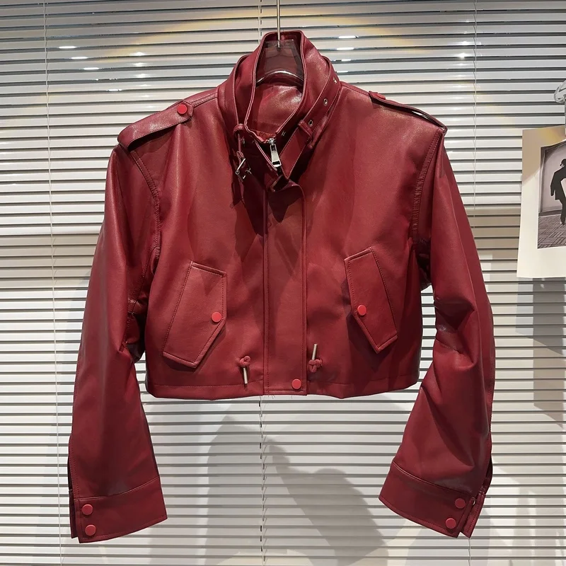 

2025 spring and autumn new belt neckline locomotive street hottie short coat women's pu leather red outer top