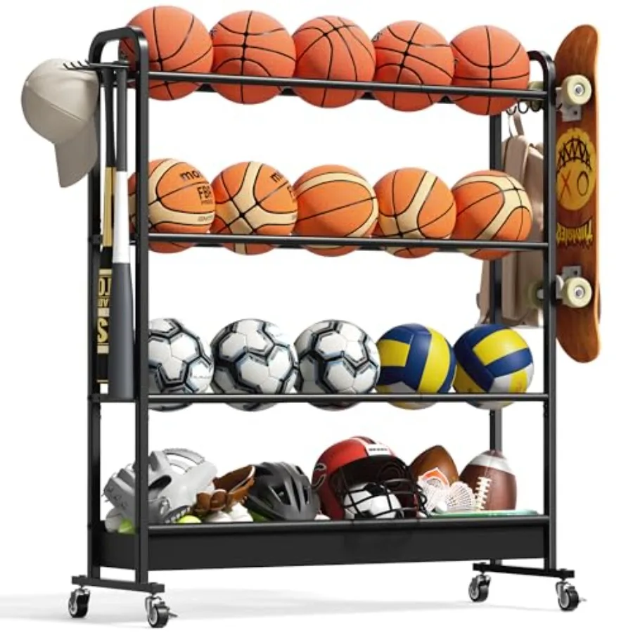 

Adjustable Basketball Rack with Wheels, 4-Tier Sports Ball Storage Cart for Basketball Football Volleyball Soccer and More, Hol