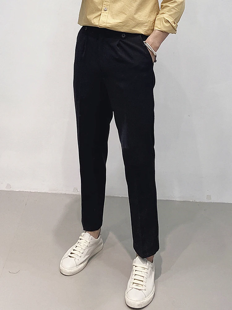 

Мужские брюки в корейском стиле, облегающие, с гладкой поверхностью, укороченные, тонкие, повседневные, черные, стильные, осенняя мода, молодежные