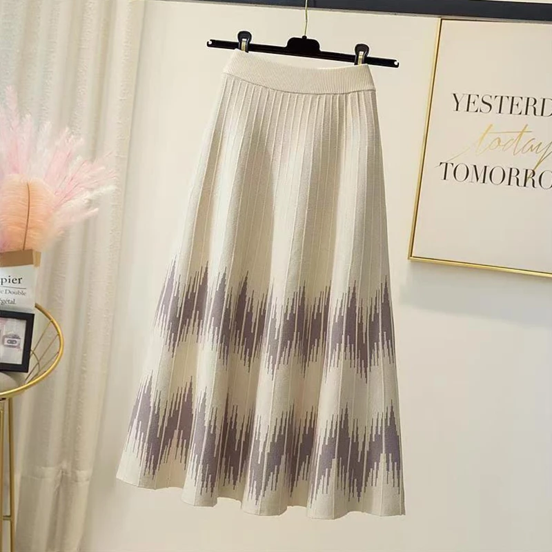 가을 겨울 니트 스트라이프 플리츠 스커트 여성 캐주얼 밴딩 기하학 프린트 두꺼운 따뜻한 미디 롱 스커트