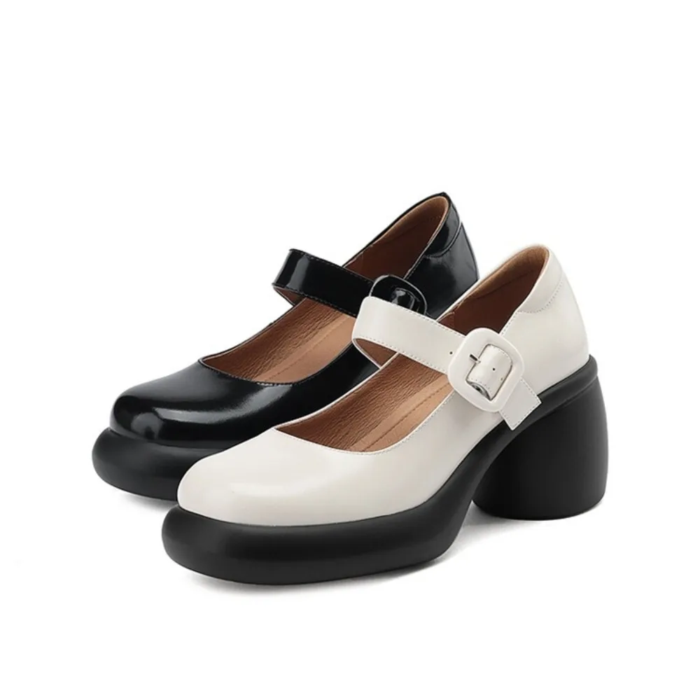 2024 Spring Autumn New Women Buckle Mary Janes Shoes Genuine Leather Dress Shoes Chunky Heel Pumps Retro Ladies Shoe Black White