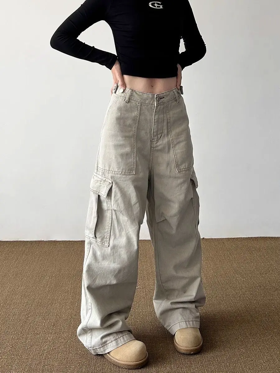 Women's Grey Pocket Cargo Baggy Jeans Y2K Japanese Harajuku Fashion High Waist 2000s Loose Wide Leg Retro Pants Jeans Clothing