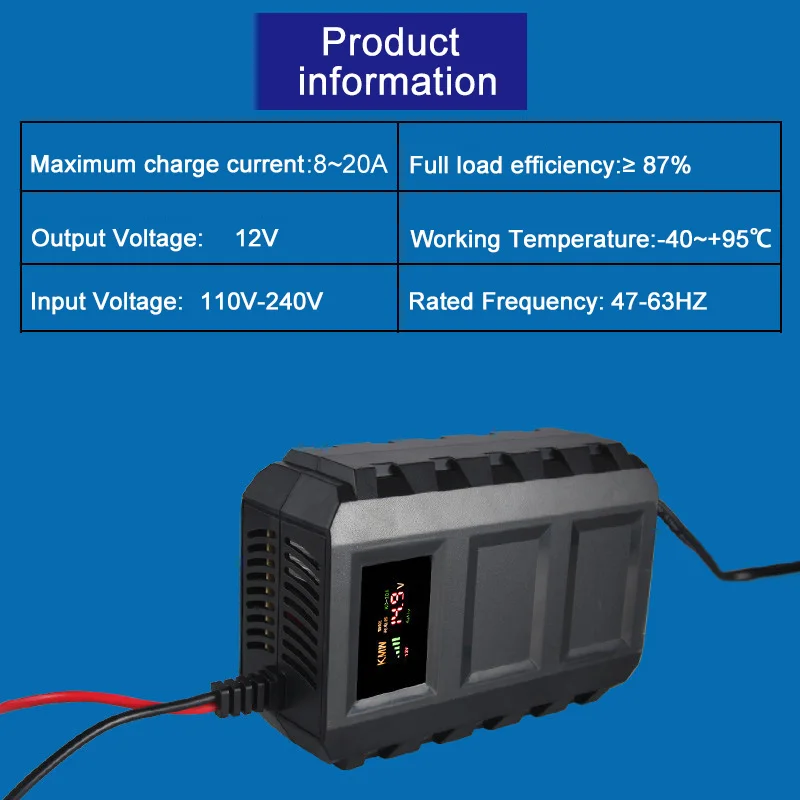 12v/20A Electric Car Automobile LCD Display Intelligent Acid Battery Power Charger Motorcycle Lithiums Battery Charging