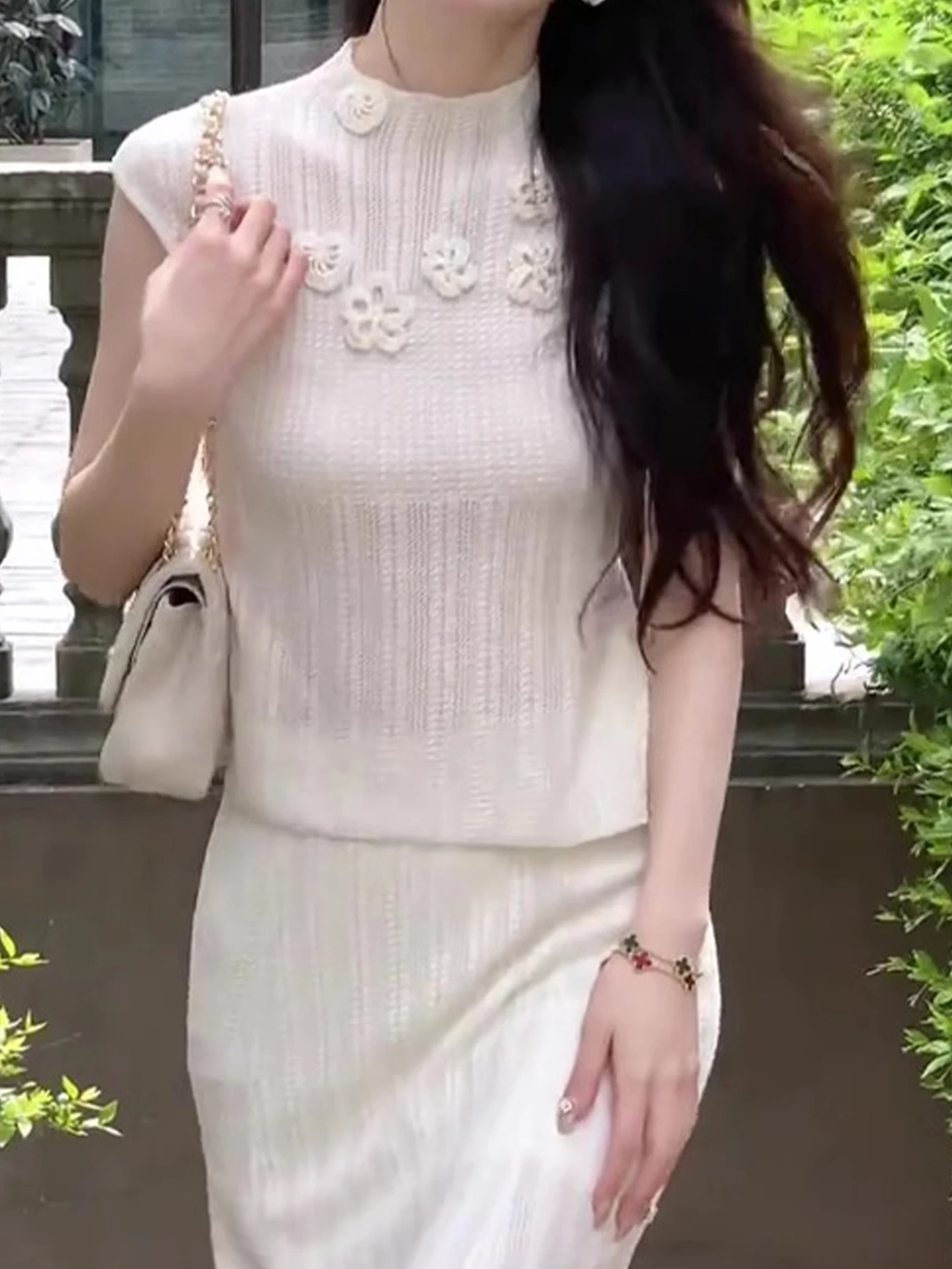 Ele Colete Svel de malha com decoração de flores 3D Coreano Sle Slim Fit Desgaste de viagem Cor pura Top Faion de verão