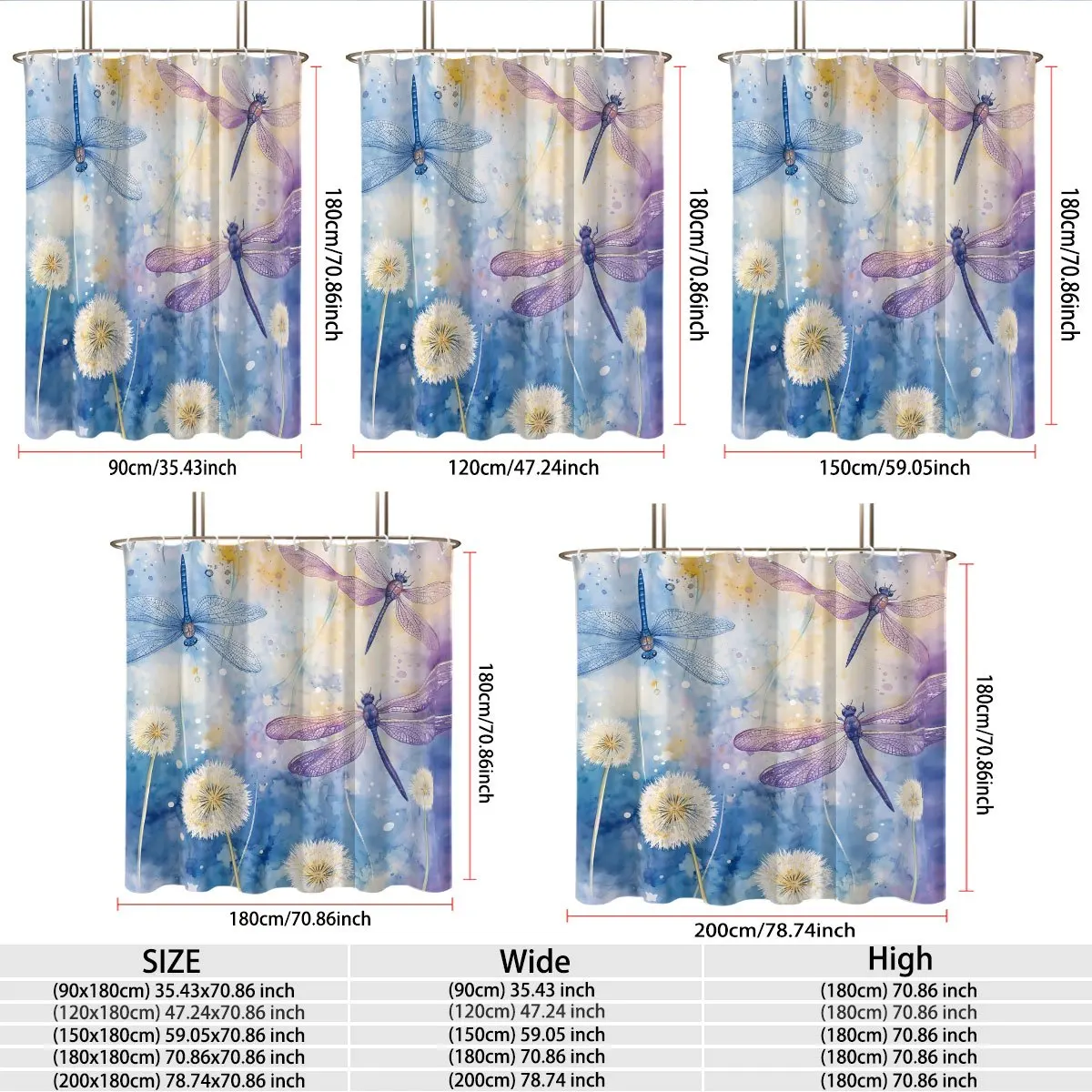 Gentle Water‑Paint Style Blue Purple Dragonflies With Fluffy White Dandelions Gradient Sky Bath curtain, Cozy Soft Warm Throw