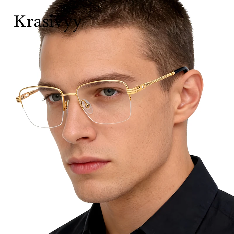 

Krasivyy Titanium Glasses Frame Men Brand Design Square Half-Rim Eyeglasses Ultralight Luxury European High Quality Eyewear