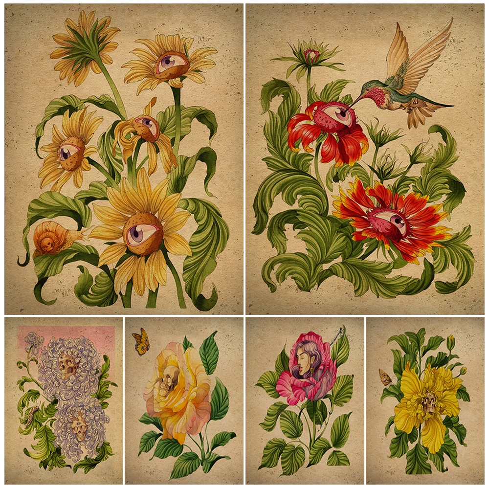 

Mysterious Eyeball Flowers,Vintage Wall Art,Canvas Painting,Skeleton Flower Art,Gothic Poster And Print,Home Decoration Unframed