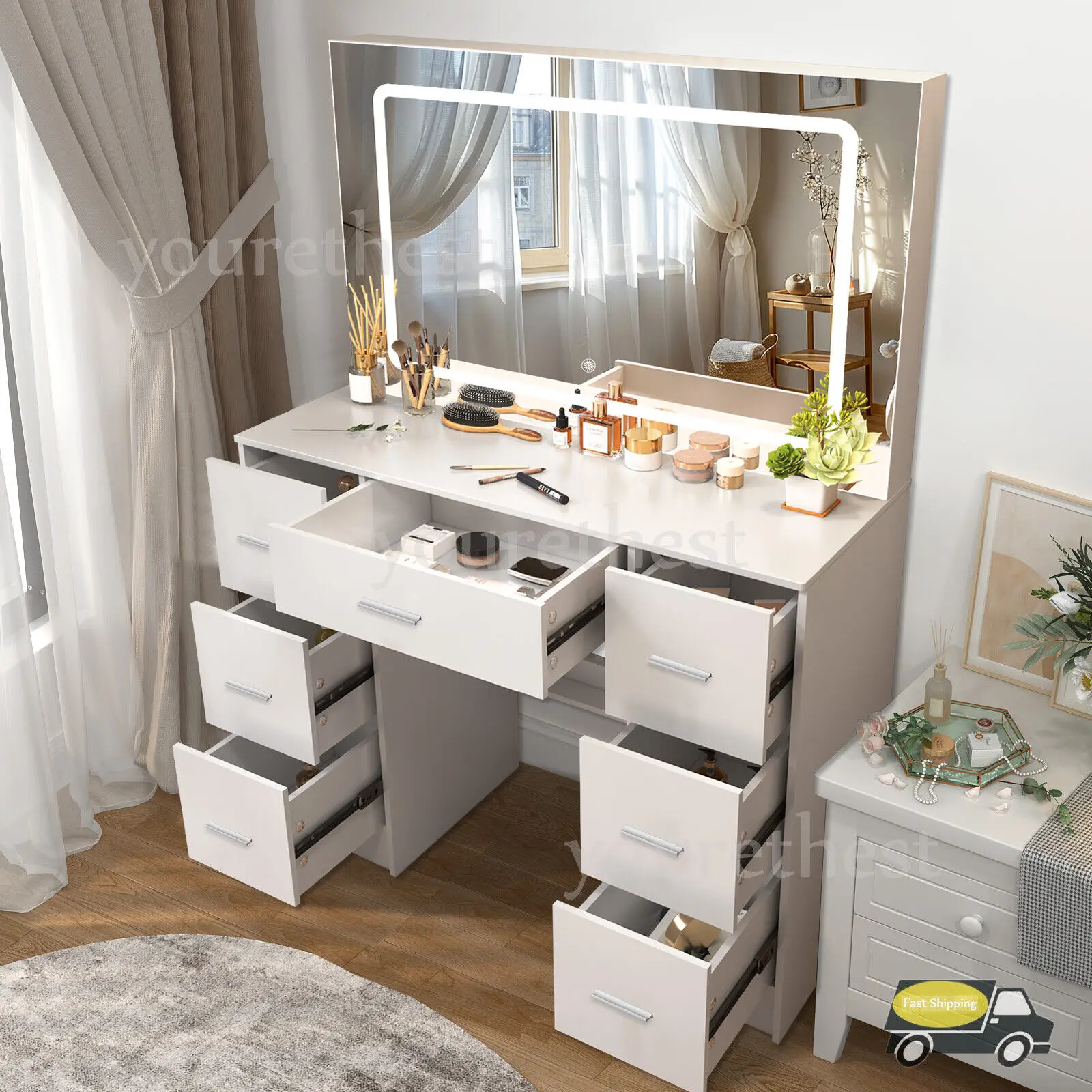 طقم مكتب مكياج كبير لطاولة الزينة مع مرآة LED كبيرة و7 أدراج #1