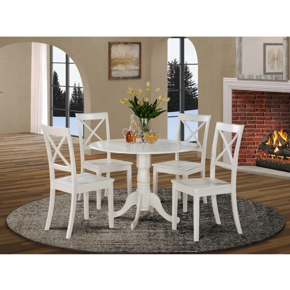 

4 Includes a Round Dining Room Table with Dropleaf and 4 Solid Wood Seat Chairs, 42x42 Inch, Linen White, Dining Room Sets