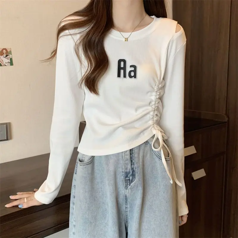 

Short Irregular Drawstring Short T Shirts Spring Autumn New Long Sleeve Solid Slim Korean Tops Tees Casual Fashion Women Clothes