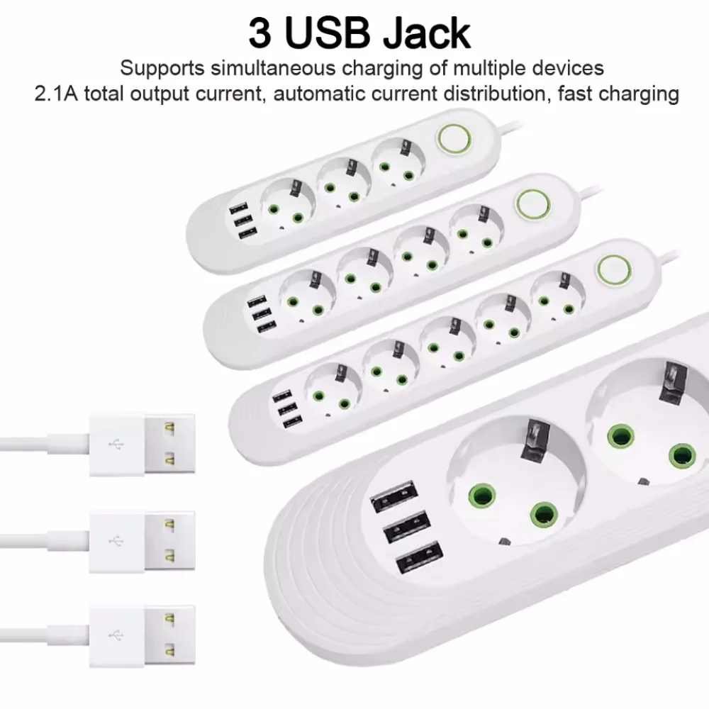 2500W Power Strip with 3 USB Ports, EU Plug