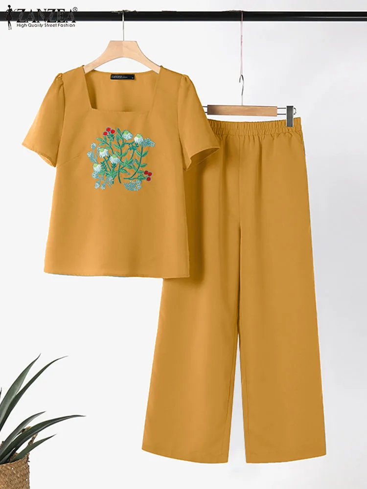 

2024 Summer Tracksuits Women Matching Sets ZANZEA Vintage Short Sleeve Embroidery Blouse Pant Sets Casual Work Holiday Outfits