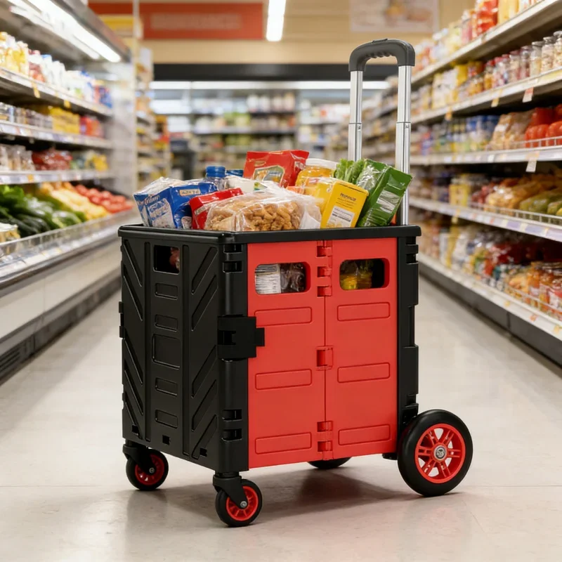 

Black Medium 50L Folding Portable Trolley with Lid 2 Wheels Flat-Pull Hand Pull Shopping Cart for Groceries And Delivery