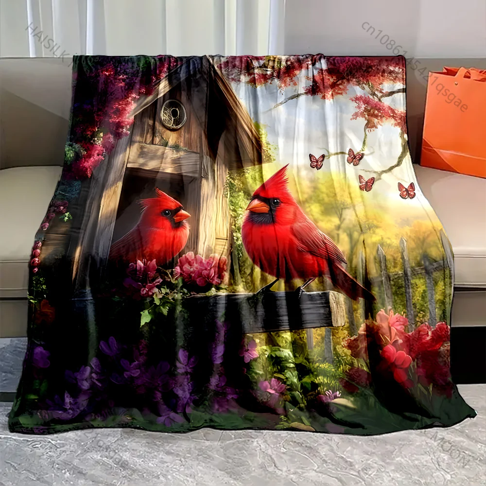 Red Cardinals and Vibrant Blossoms Pattern Blanket Flannel Material Soft Warm for All Seasons Home Outdoor Camping Picnics RV