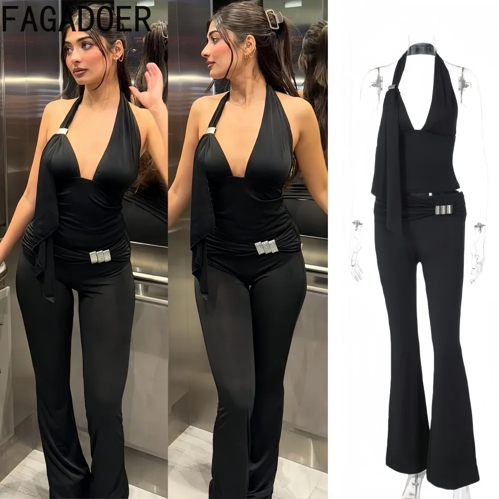 

FAGADOER Sexy Woman 2 Piece Set Outfit Halter Deep V-neck Sleeveless Backless Crop Top and Pants Female Streetwear Clothing New