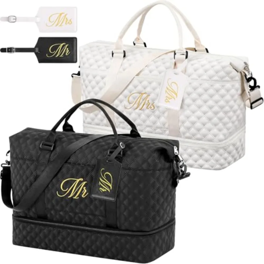 

4 Pcs Duffel Bag Set Include 2 Honeymoon Travel Bags with Shoe Compartment 2 Luggage Tags,Black, White