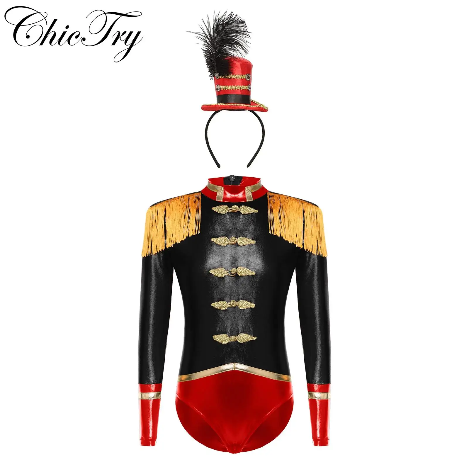 

Kids Girls Circus Ringmaster Costume Halloween Cosplay Bodysuit Long Sleeve Roleplay Leotard Tassel Epaulets Jumpsuit with Hat