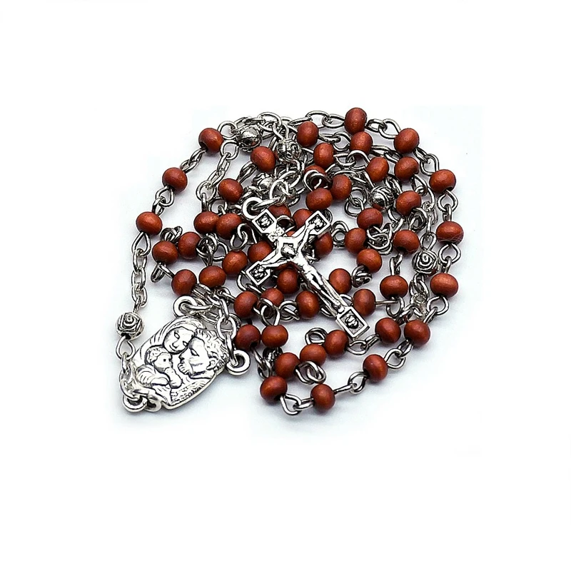 Mini Wooden Beads Rosary Necklace Cross With Box Brown Catholic Pray Jewelry