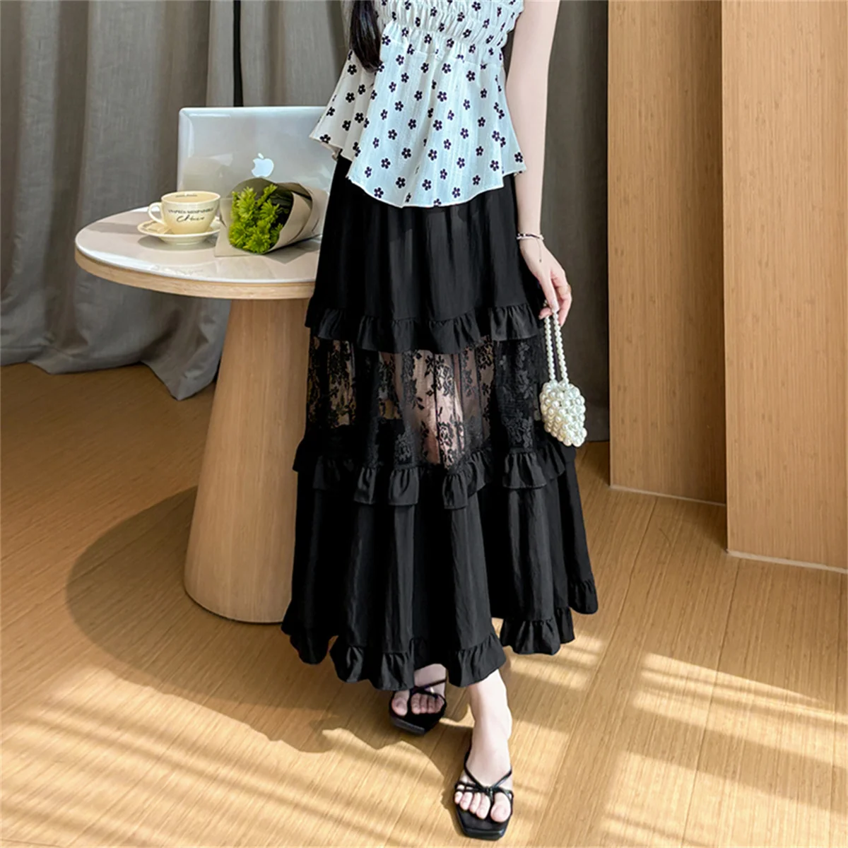 Women'sRuffles Splice White Midi Skirt 2026 Spring/Summer New Arrival Sexy Sheer Lace-Panel A-Line Flounce Skirt