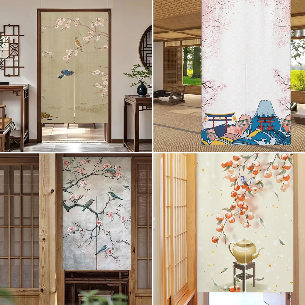 Chinese Flowers Bird Door Curtain Dining Room Kitchen Partition Japanese Door Curtain Noren Entrance Feng Shui Half Curtain