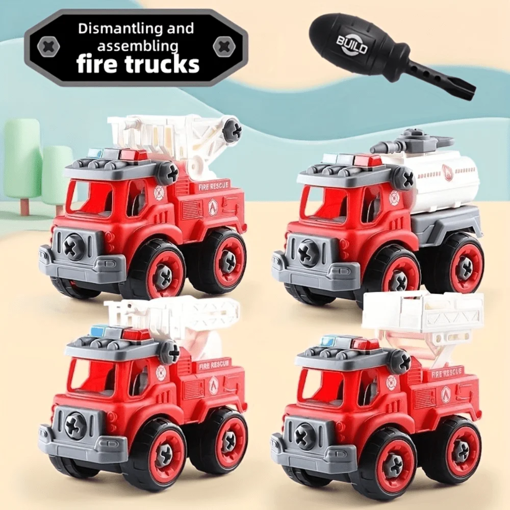 

Набор из 4 разборных игрушечных пожарных машинок, подарки на Рождество, День благодарения и день рождения, игрушки для сборки и разборки, случайный цвет