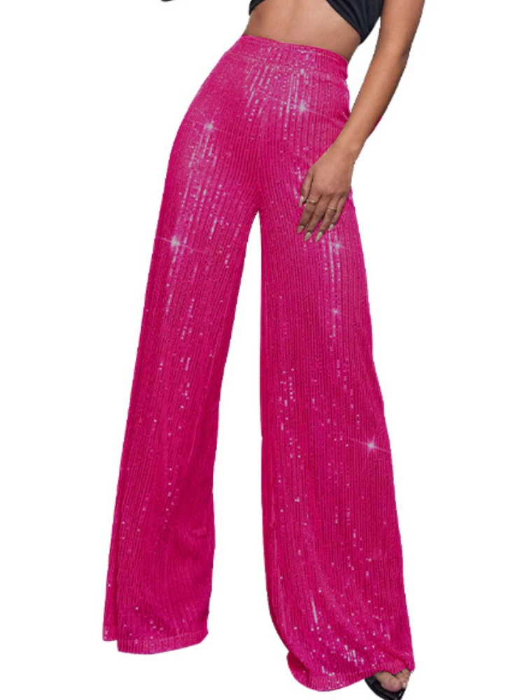 

Wide Leg Pants Women's High Waisted Long Pants Solid Bright Colored Beaded Casual Trousers Loose Drape Club Wear Spring Summer