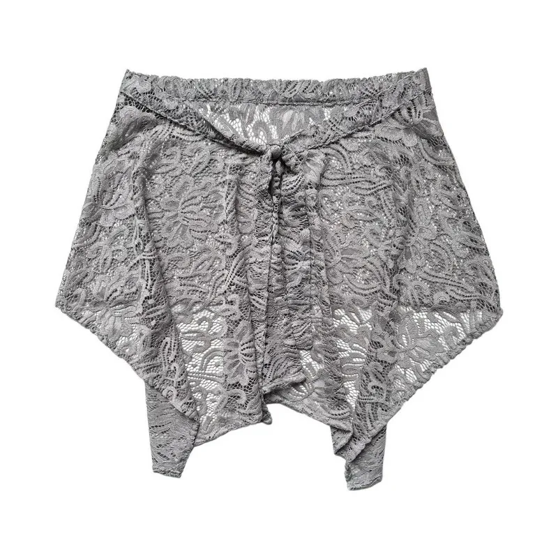 Semi-sheer Lace Overlay Skirt, Gray Minimalist Short Mesh Cover Skirt, Tie Irregular Skirt Hip Concealing