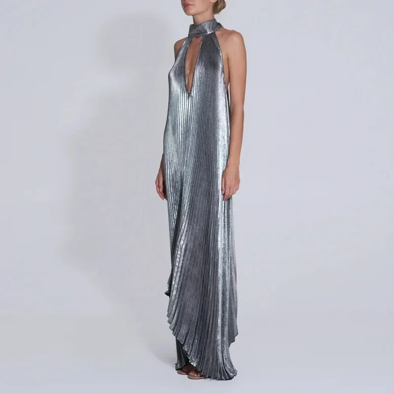 Spring Halter Tie-up Pleated Irregular Dress Woman Sexy Hollow Out Loose Evening Dress Summer Off Shoulder Sleeveless Boho Dress